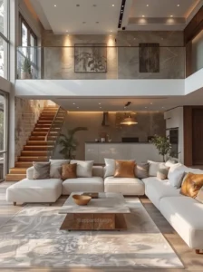 Double-height villa living room with staircase and large sofa