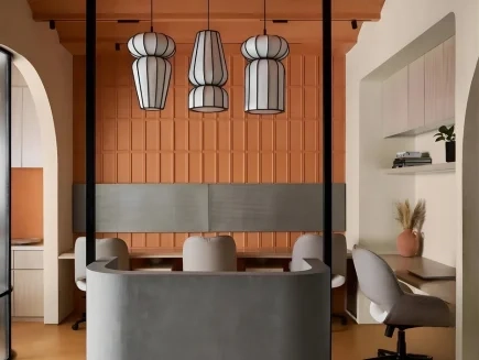 Office interior with arched joinery and custom wall panelling in ras al khaimah