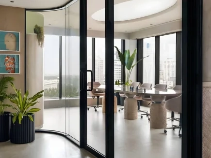 Corporate office interior with glass partitions and custom wood joinery