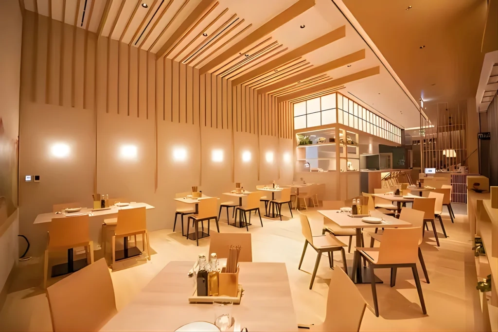 Restaurant fit-out with wood joinery and ceiling lights Dubai