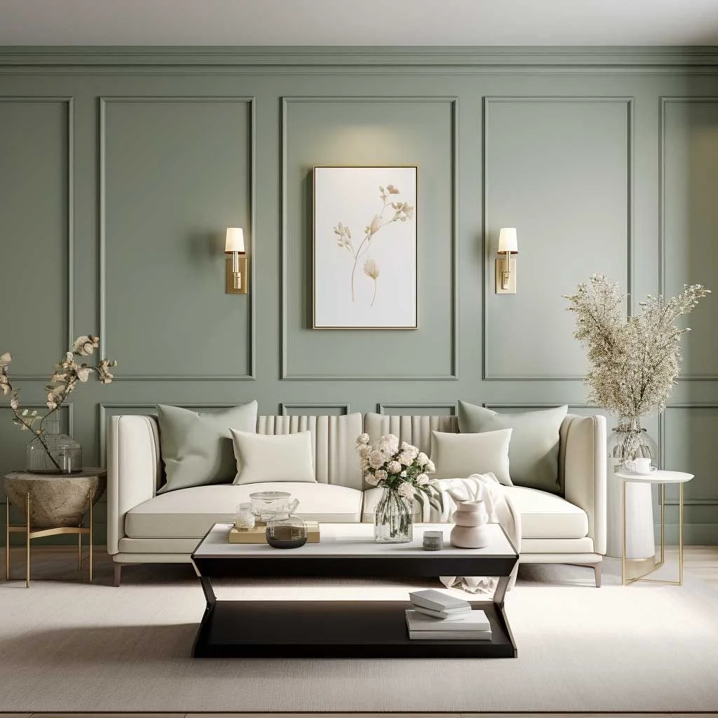 Sage green living room with moulded wall panels and sofa
