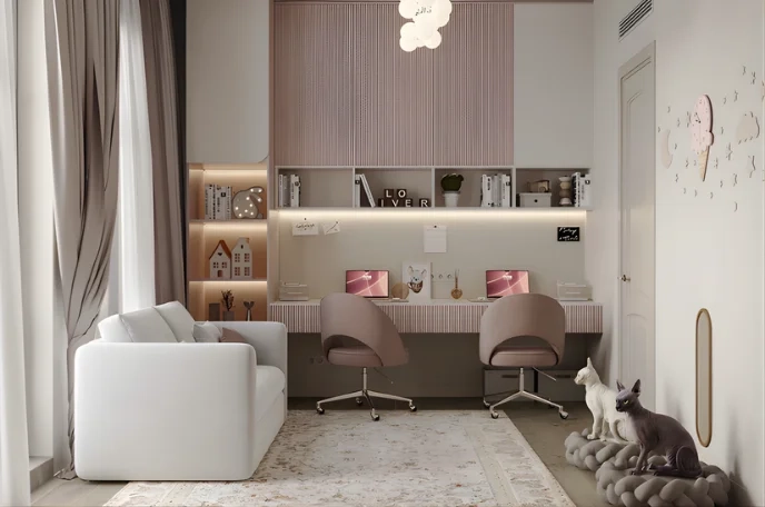 Children's study room with dual desks and pastel cabinetry
