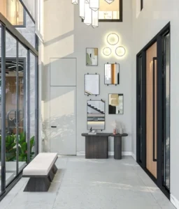Villa corridor with glass partition and wall lights