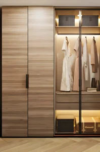 Built-in wardrobe with wooden sliding doors and hanging space