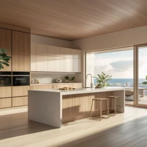 Open-plan kitchen with island and floor-to-ceiling windows