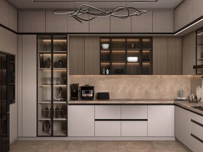 Best modular kitchen with glass cabinet doors and built-in storage near me